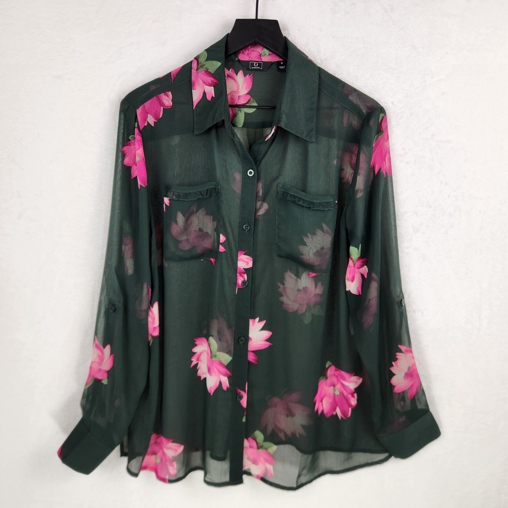 G by Giuliana Floral Sheer Button Down Top Medium Flowy Cottagecore Chiffon Chic